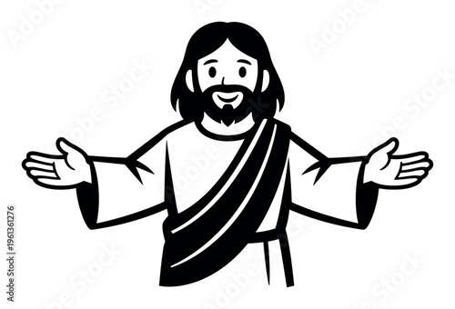 Jesus Christ cartoon character, black and white, standing with open arms, welcoming and inviting. Depicting Christian faith and salvation