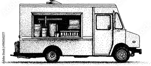 Black and white stippled food truck with side serving hatch and open window for menu banner and street food background design