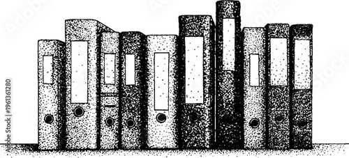 Black and white stippled row of archive binder folders on a shelf for organizational background and office design usage