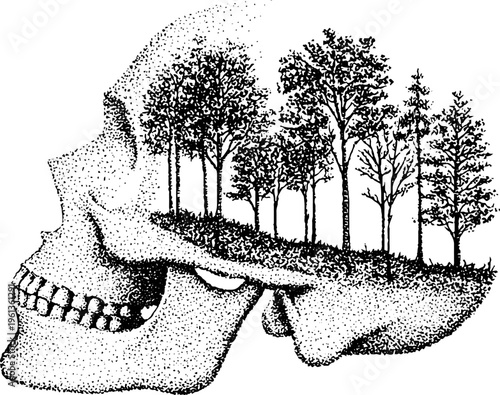 Stippled human skull with forest growing inside cross section in black and white for poster and tattoo design background