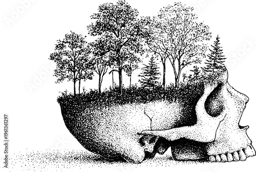 Side view stippled skull half filled with forest landscape in black and white for poster and tattoo design background