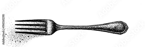 Vintage stippled fork tines closeup black and white engraving style utensil illustration for kitchen background and packaging design