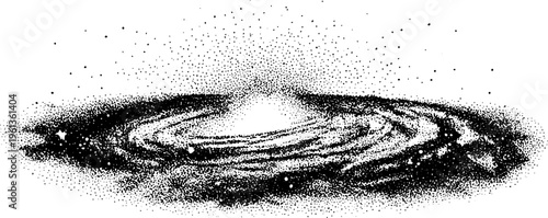 Black and white stippled galaxy disk with spiral arms and dense star field for background and space poster design