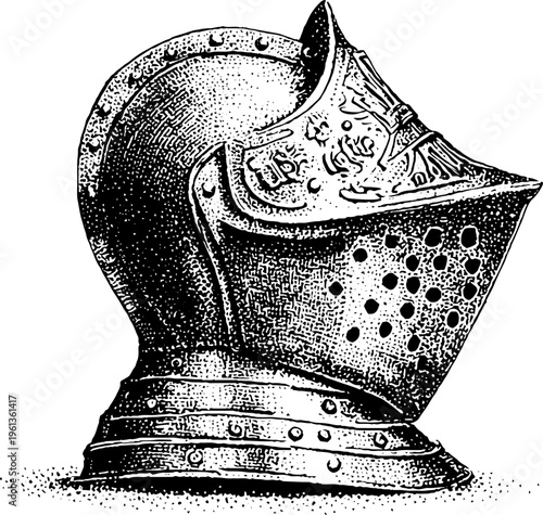 Decorative medieval closed helm black and white stippling drawing for poster background and design banner