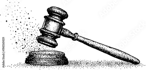 Wooden judge gavel sounding block detailed black and white stipple engraving with flying particles for legal background poster and courtroom banner design