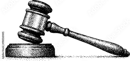 Wooden judge gavel and sounding block closeup black and white stipple engraving for legal background poster and courtroom banner design