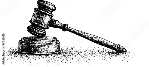 Wooden judge gavel resting sounding block detailed black and white stipple engraving for legal background poster and courtroom banner design
