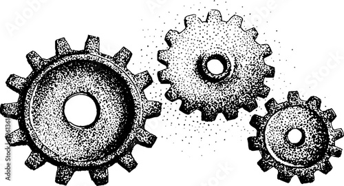 Black and white stippled interlocking gear wheel system for mechanical background and engineering poster design