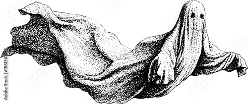 Floating ghost in sheet form black and white stippled drawing for halloween background and spooky poster design