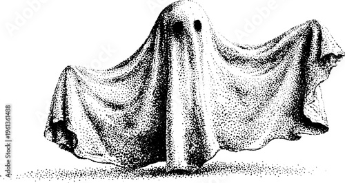Black and white stippled ghost draped sheet floating halloween background and poster design for spooky seasonal decor