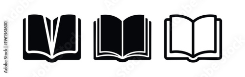 Open book icons set. Collection of various reading and education symbols in black and white.