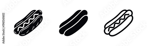 Hot dog icons set. Collection of various fast food and street food symbols in black and white.