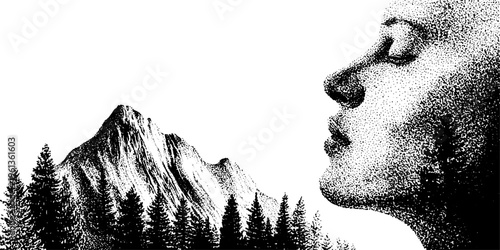 Profile of a giant carved face beside a mountain range for surreal banner and background design in black and white stipple illustration