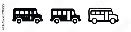 Bus icons set. Collection of various public transport and school bus symbols in black and white.