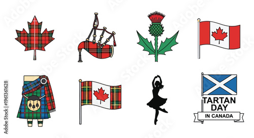 Illustrations representing scottish and canadian culture including flags music and dance