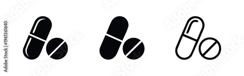 Medicine Pills and Capsule Icon Set, Pharmacy Drug Symbols for Healthcare and Medical Concepts