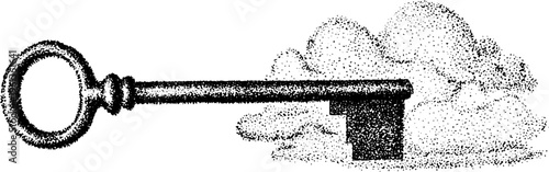 Vintage stippled giant key with clouds unlocking a hidden sky world in black and white for background and poster design