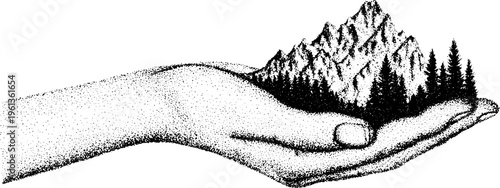 Hand holding mountain with pine trees black and white stippled landscape for poster background and nature design