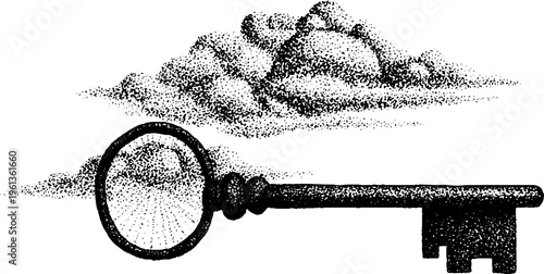 Antique stippled key lying beneath textured clouds in black and white for banner background and poster design