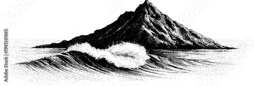 Stippled rocky island with crashing ocean waves in black and white for nautical background and poster design