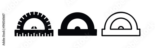 Protractor icon set in various styles, geometric and measurement tool for mathematics and school