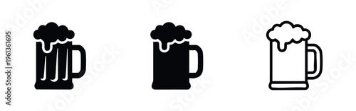 Beer Mug and Stein Icon Set with Foam, Alcoholic Beverage Glass Icons, Oktoberfest Drink Symbols