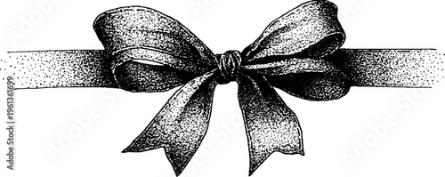 Centered detailed bow on ribbon in black and white stipple style for decorative packaging design greeting card header and vintage trim