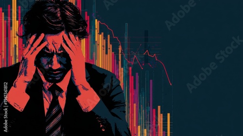 Stressed male businessman with declining stock graph in background