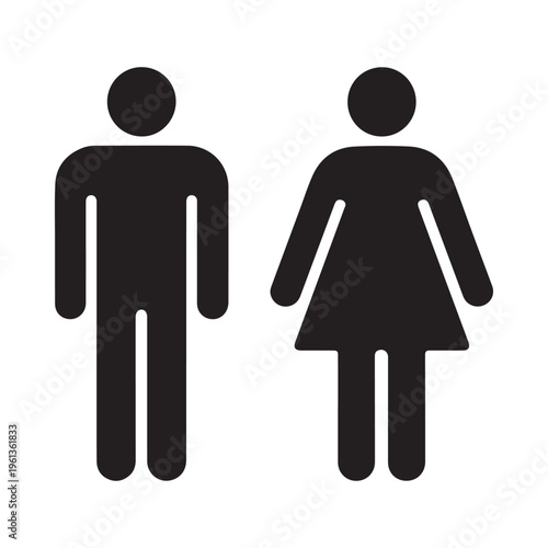 Vector graphic illustration of a man and woman standing side by side in black silhouette on a white background for universal signage use.