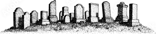Graveyard tombstones uneven weathered silhouettes in black and white stipple for halloween poster background and spooky design layout