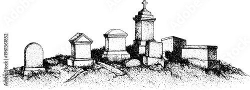 Weathered graveyard tombstones and monuments in black and white stipple for halloween poster background and historical design composition
