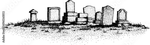 Weathered graveyard row of tombstones and uneven stone shapes in black and white stipple for memorial background and poster design