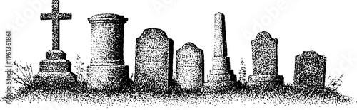 Row of varied gravestones with cross and obelisk in black and white stipple for cemetery background and banner design