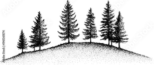Cluster of pine trees on a gentle hill in black and white stipple dotwork for nature background and poster design