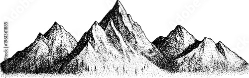 Stipple black and white mountain range dotwork engraving with peaks and ridges for background and poster design
