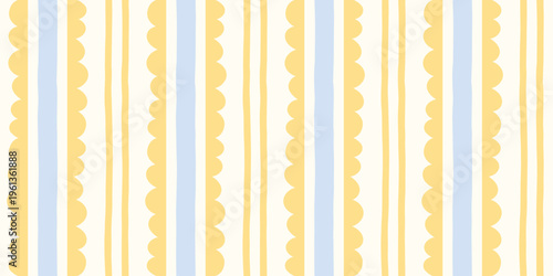 Foto Cute playful stripes pattern with scalloped yellow waves and hand drawn blue lines