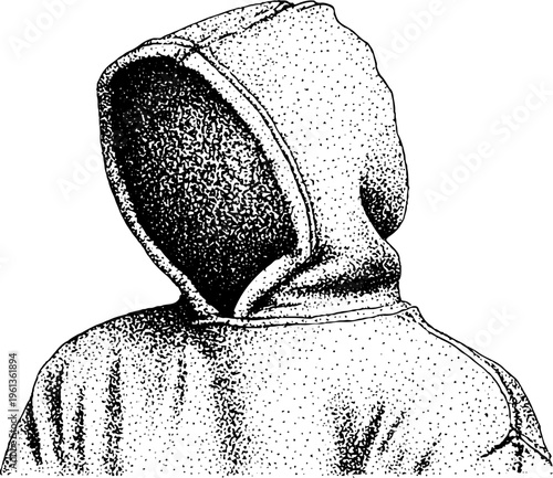 Back view hooded person dotwork stipple portrait in black and white for poster and background design