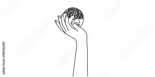 Surreal line drawing of a human hand holding a spherical orb with a face inside on a white background.