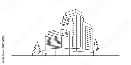 Minimalist line art illustration of a modern tiered office building with evergreen trees