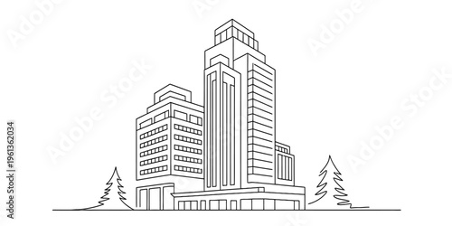 Continuous line drawing of a modern city skyline with high rise office buildings and trees.
