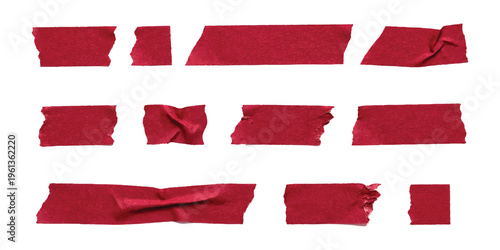Fotografie A collection of various red masking tape strips isolated on a clean white backgr