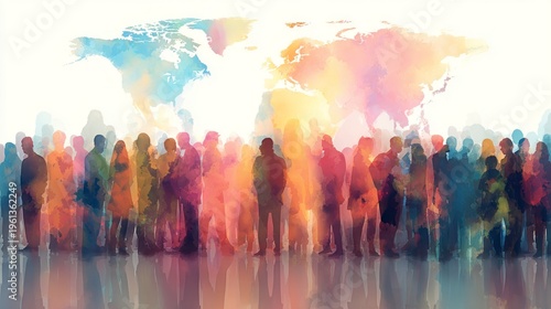 Diverse silhouettes against colorful world map background