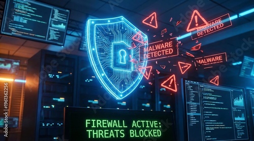 Plakat Cybersecurity Firewall Active: Network Protection from Malware Attack
