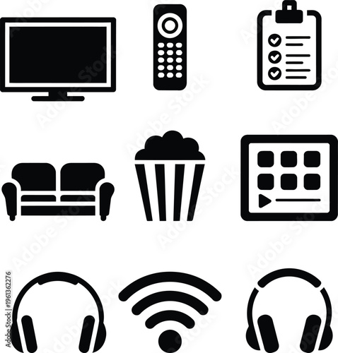 Icon set representing various home entertainment and technology devices