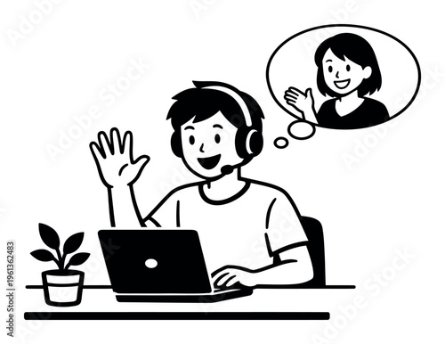 Person in a headset waving during an online video call from a laptop, engaging in teleconference or remote communication