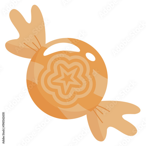Orange wrapped candy vector illustration with star motif in flat style