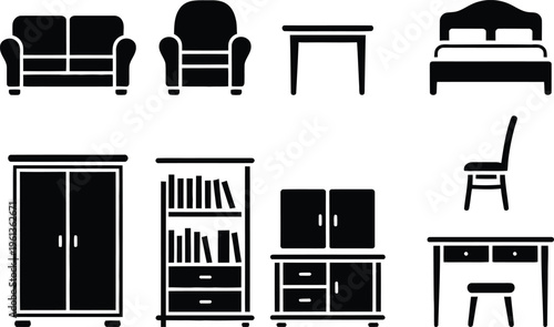 Minimalist black and white bedroom and living room furniture arrangement sketch