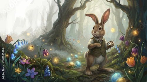 Whimsical white rabbit in enchanted forest, fairytale bunny holding pocket watch, magical woodland landscape with glowing fireflies and spring flowers
