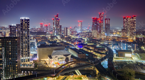 Fotografie Manchester city centre Castlefield aerial view at dusk, River Irwell waterfront