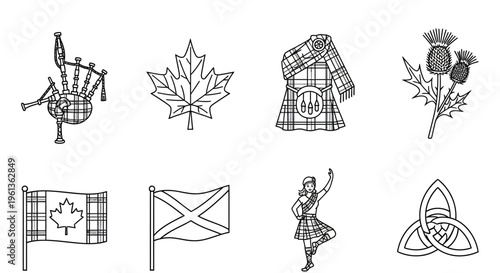 Scottish and canadian symbols bagpipes maple leaves kilts and celtic knots